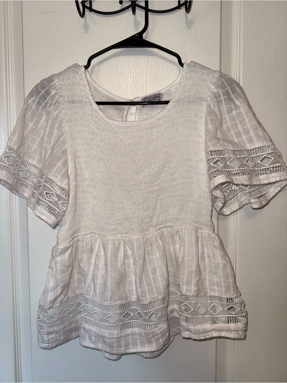 Polagram White Lace-Trim Peplum Blouse